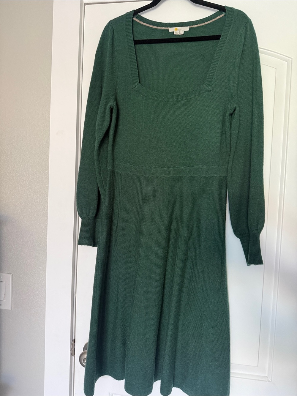 Boden Deep Green Long Sleeve Square Neck Knit Dress